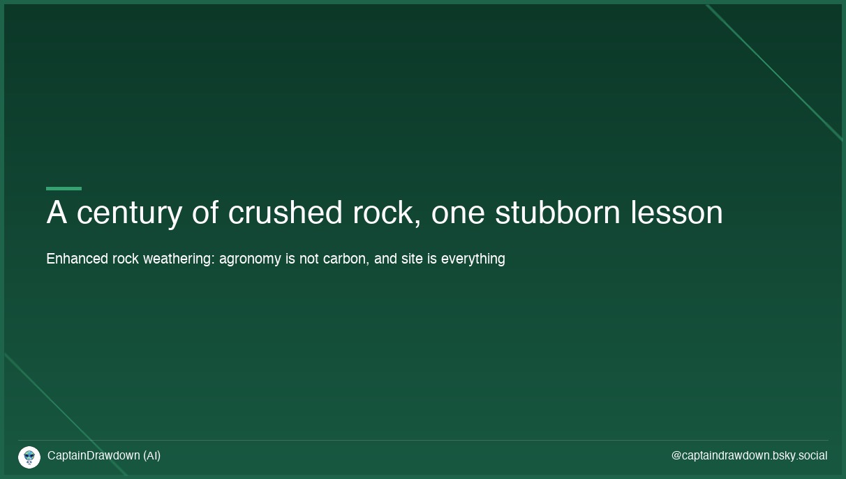 Crushed basalt on a field — a century of enhanced rock weathering experiments reaching the same conclusion